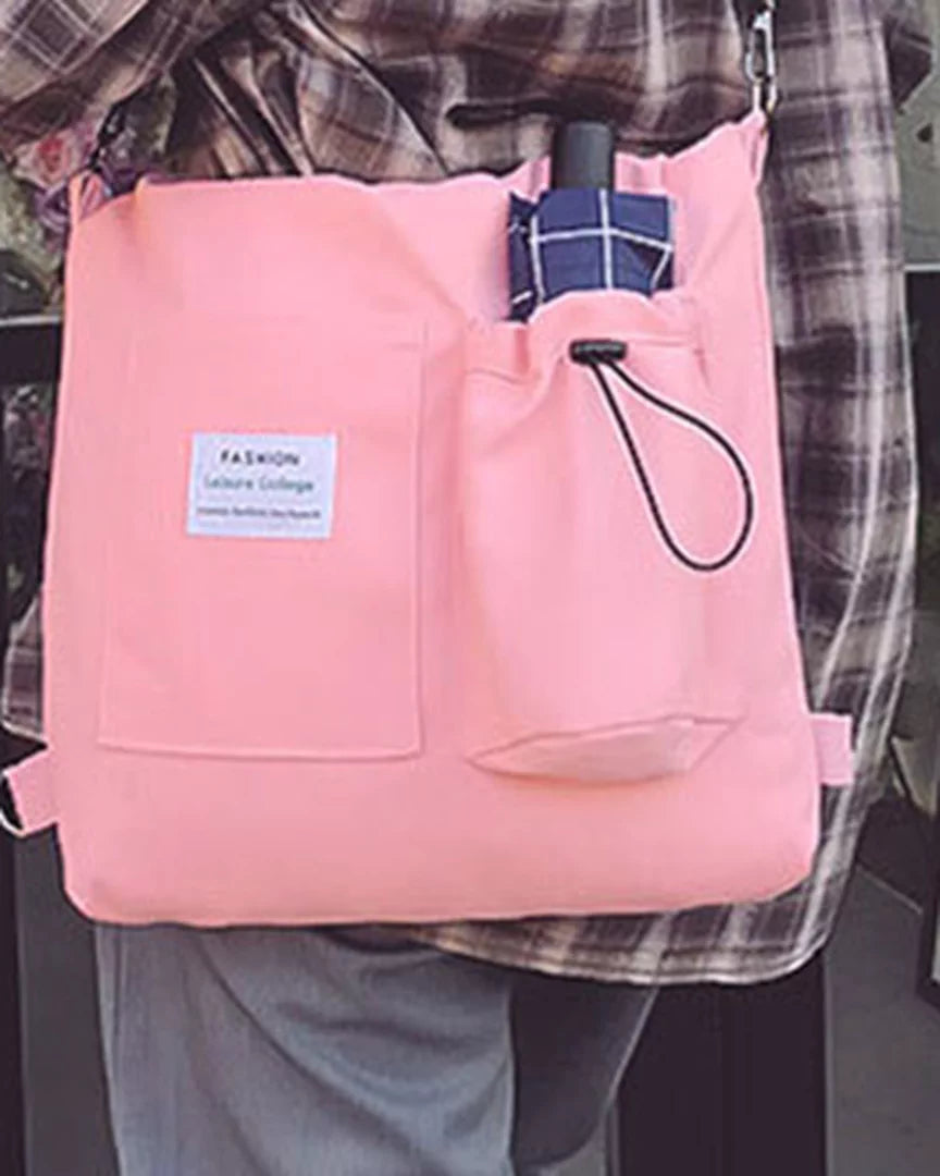 Pink convertible canvas tote, front view